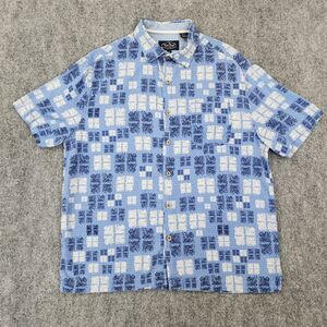 Nat Nast Shirt Men Large Blue Geometric Silk Blend Short Sleeve Casual Button Up